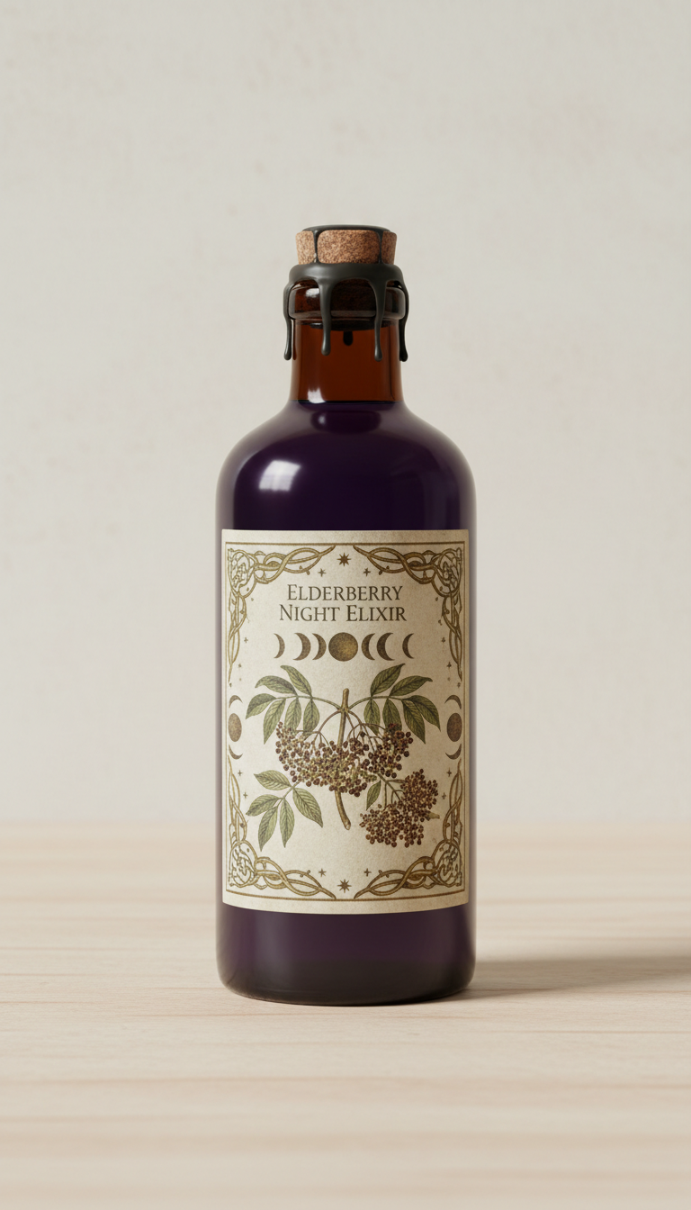 Elderberry night elixir in apothecary bottle