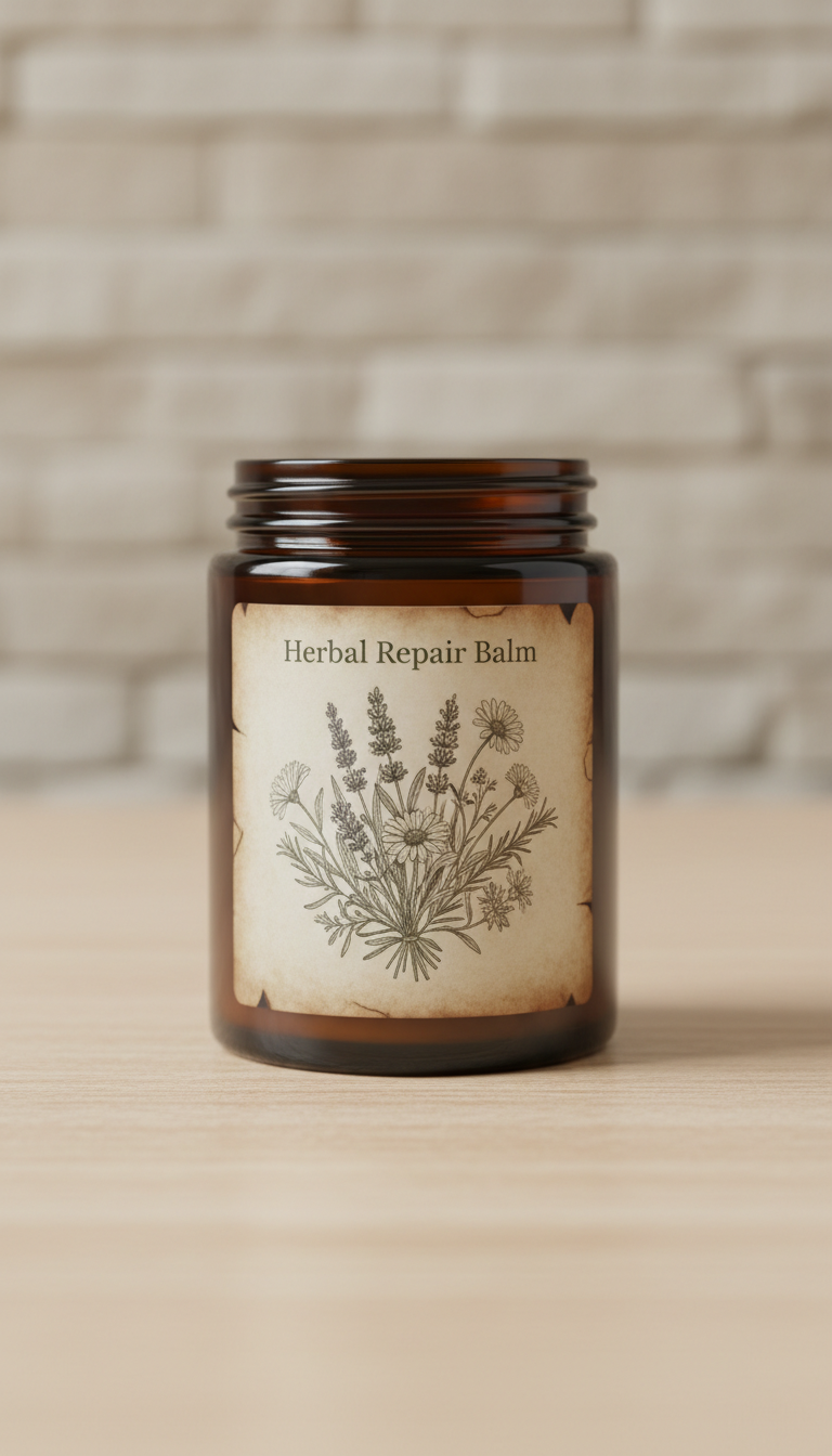 Herbal repair balm with dark glass jar